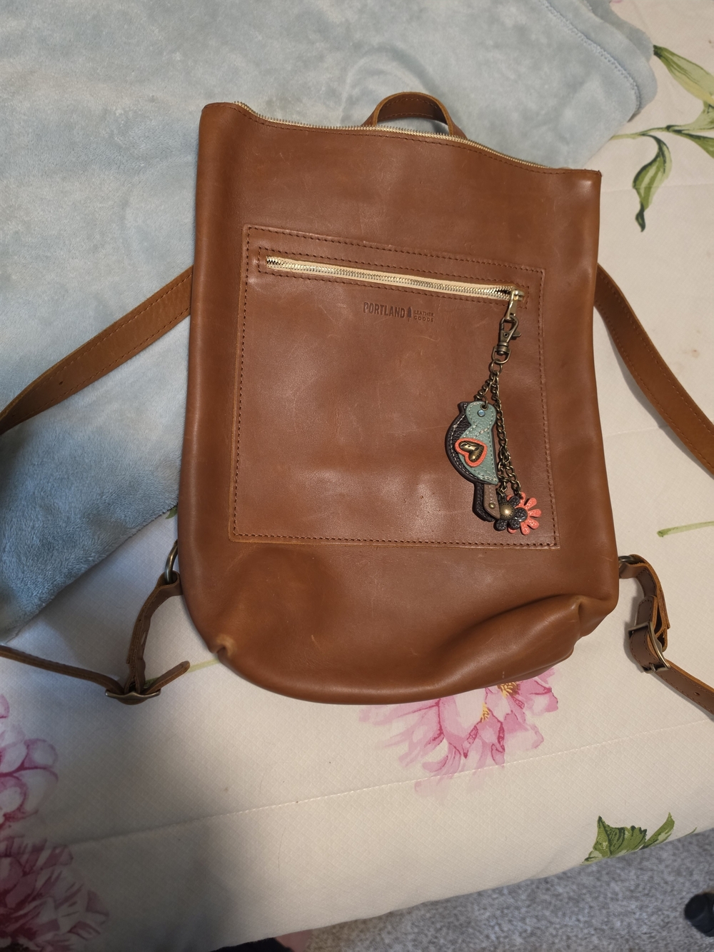 Portland Leather Cognac Brown Leather Backpack Tote with Charm